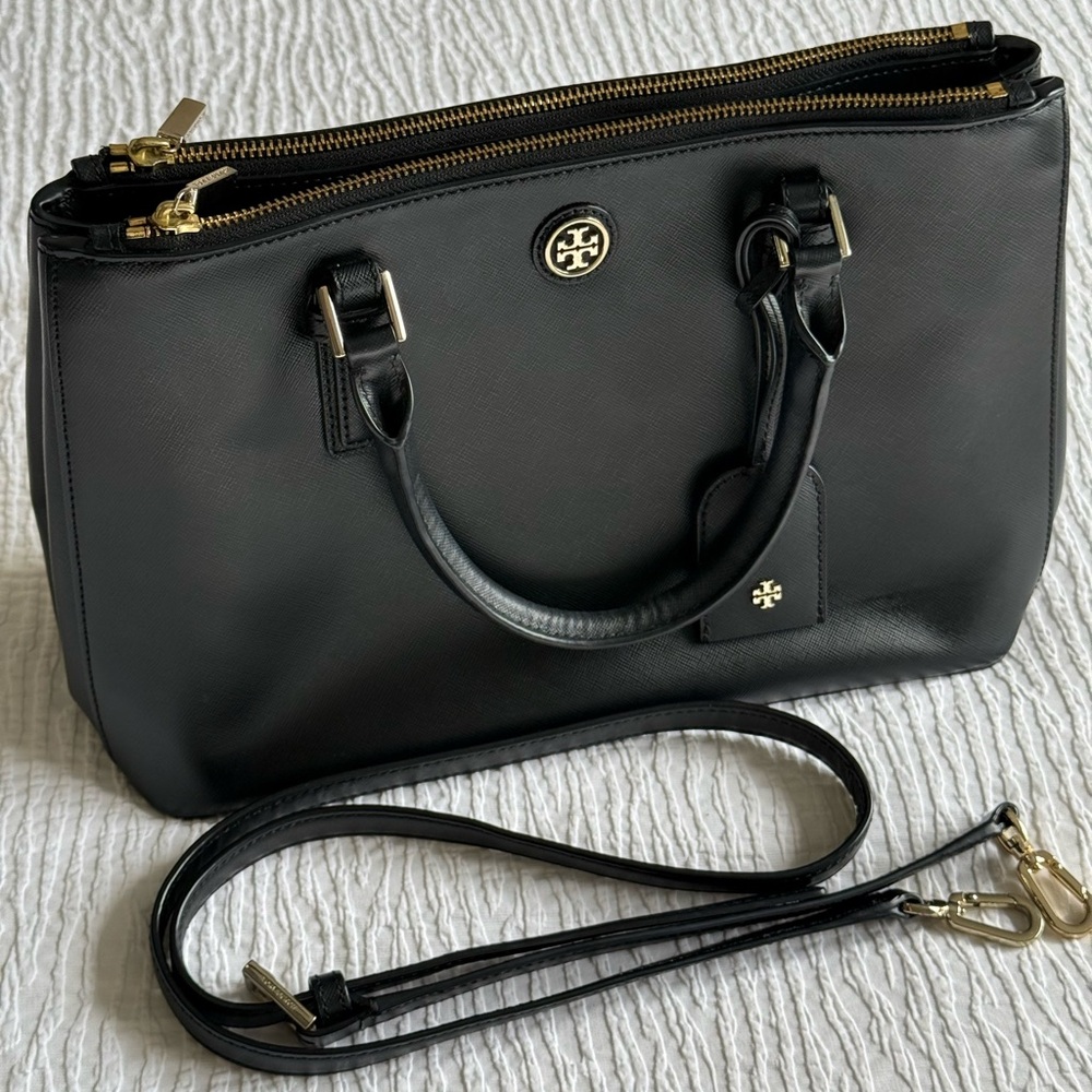 Authentic Tory Burch Black Leather Tote with Gold Logo - Picture 7 of 11